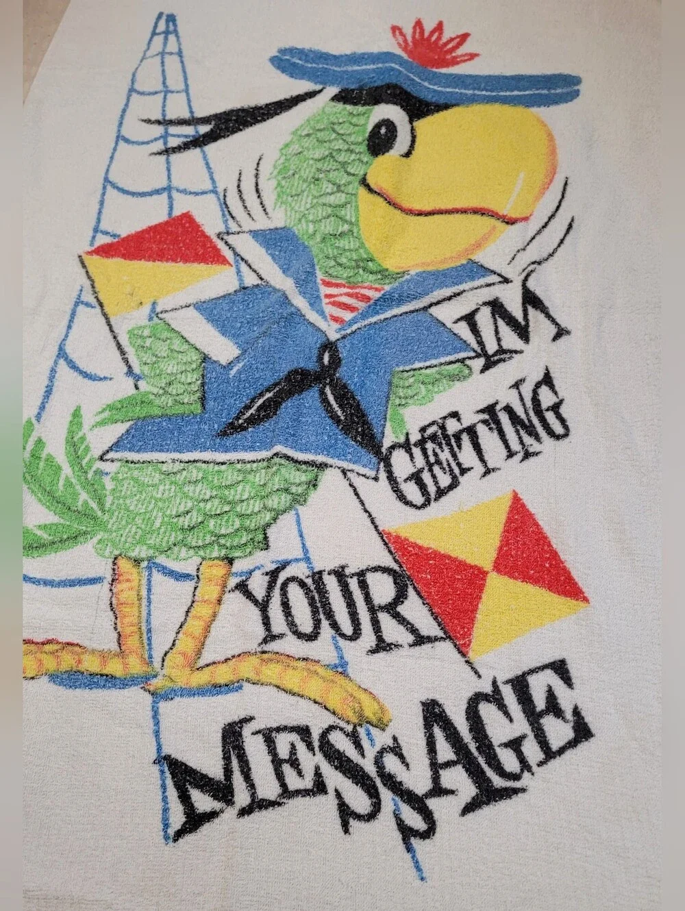 Rare Vintage 1960s Mid-Century Parrot Nautical Semaphore Terry Cloth Towel 28x51